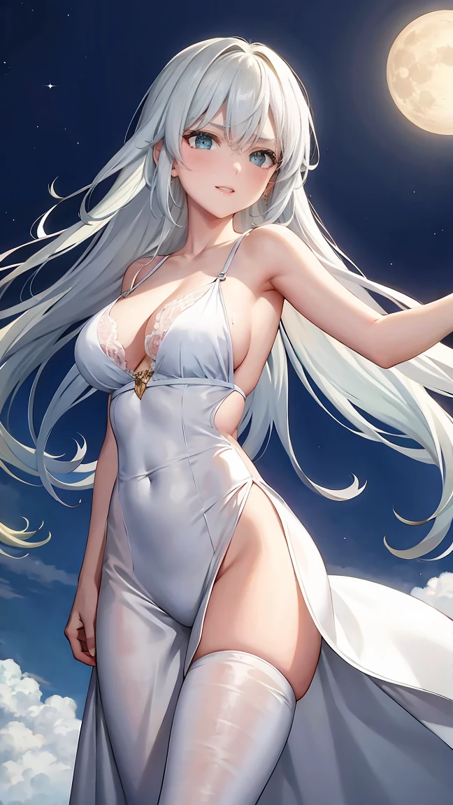 Long green hair,Inner color and white hair、 Beautifully shaped with tension, Green Eyes, Moonlight、moonlight、、、,The whole body from head to toe、Proud expression、Older sister、Emotionally rich facial expressions、(Flying in the air)、Crisp eyebrows、Sleeveless shirt、、Long pants with slits、Beauty under the moon
