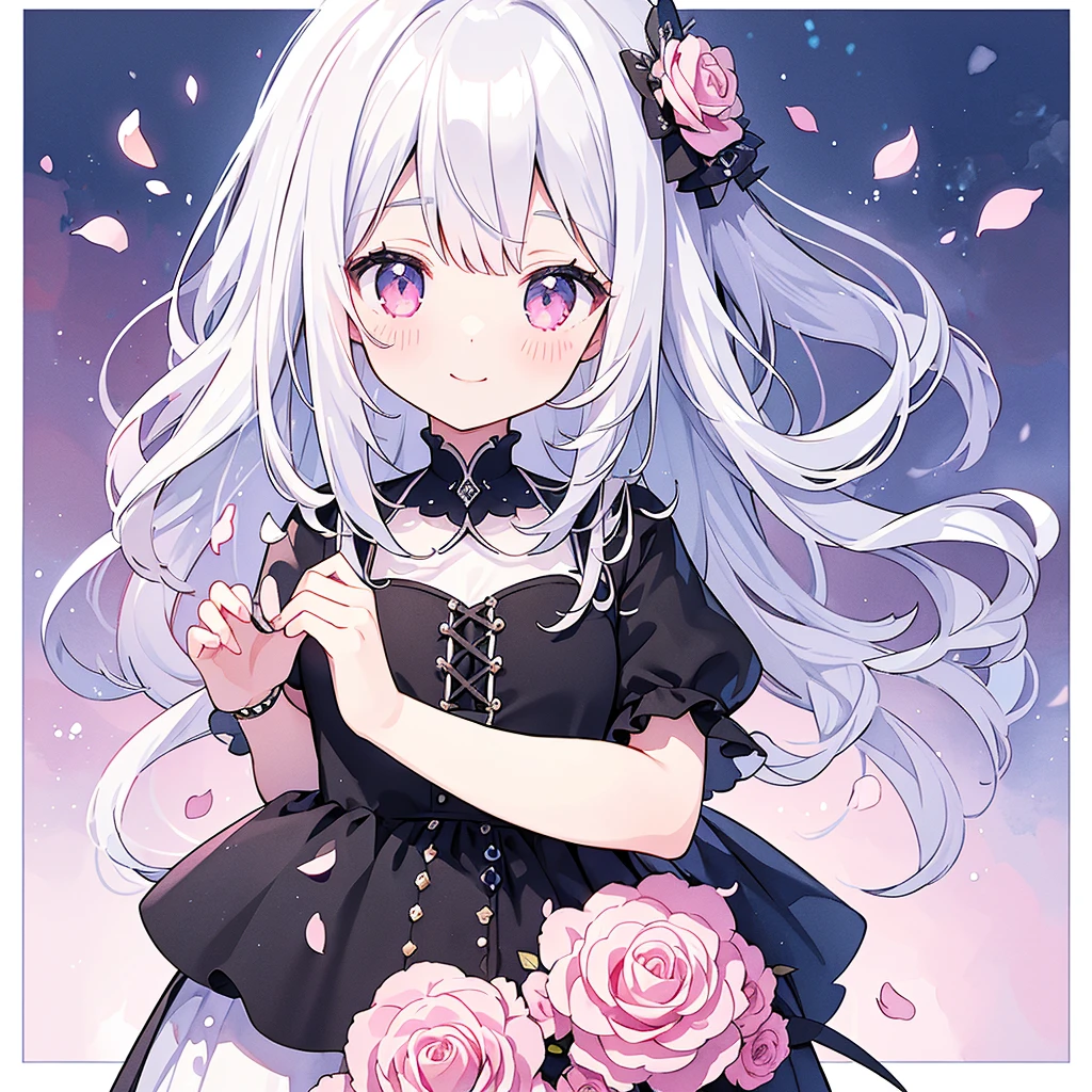 Transparent watercolor、、Beautiful layout and motif、Depth of written border、smile、1 person、Silver Hair((Medium Hair、Straight Hair))、White bristles、Fashionable design clothes、Background white、Rose petals、cute、black and pink goth、