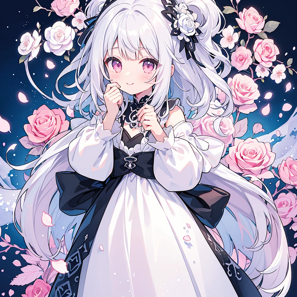 Transparent watercolor、、Beautiful layout and motif、Depth of written border、smile、1 person、Silver Hair((Medium Hair、Straight Hair))、White bristles、Fashionable design clothes、Background white、Rose petals、cute、black and pink goth、