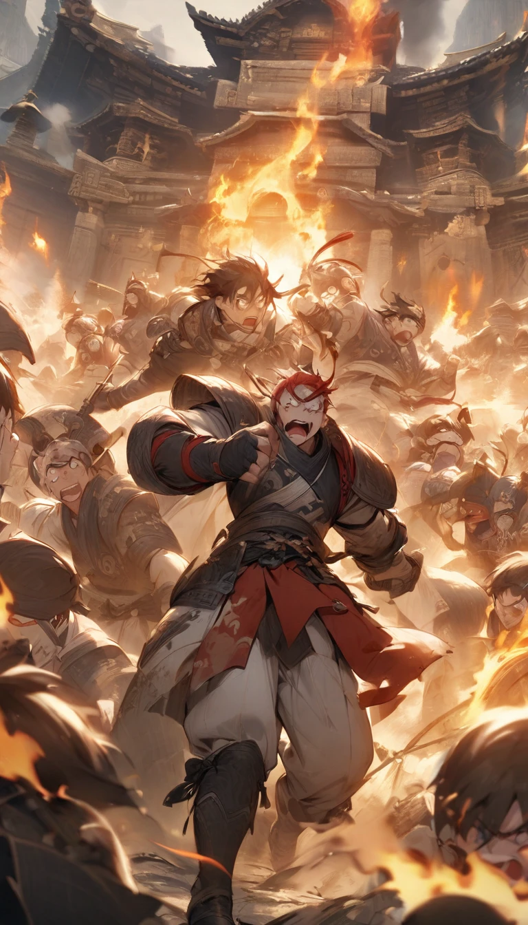 Shocked warriors and a temple in flames。Scene of chaos and smoke rising from battle in the background。An atmosphere of frustration and confusion。