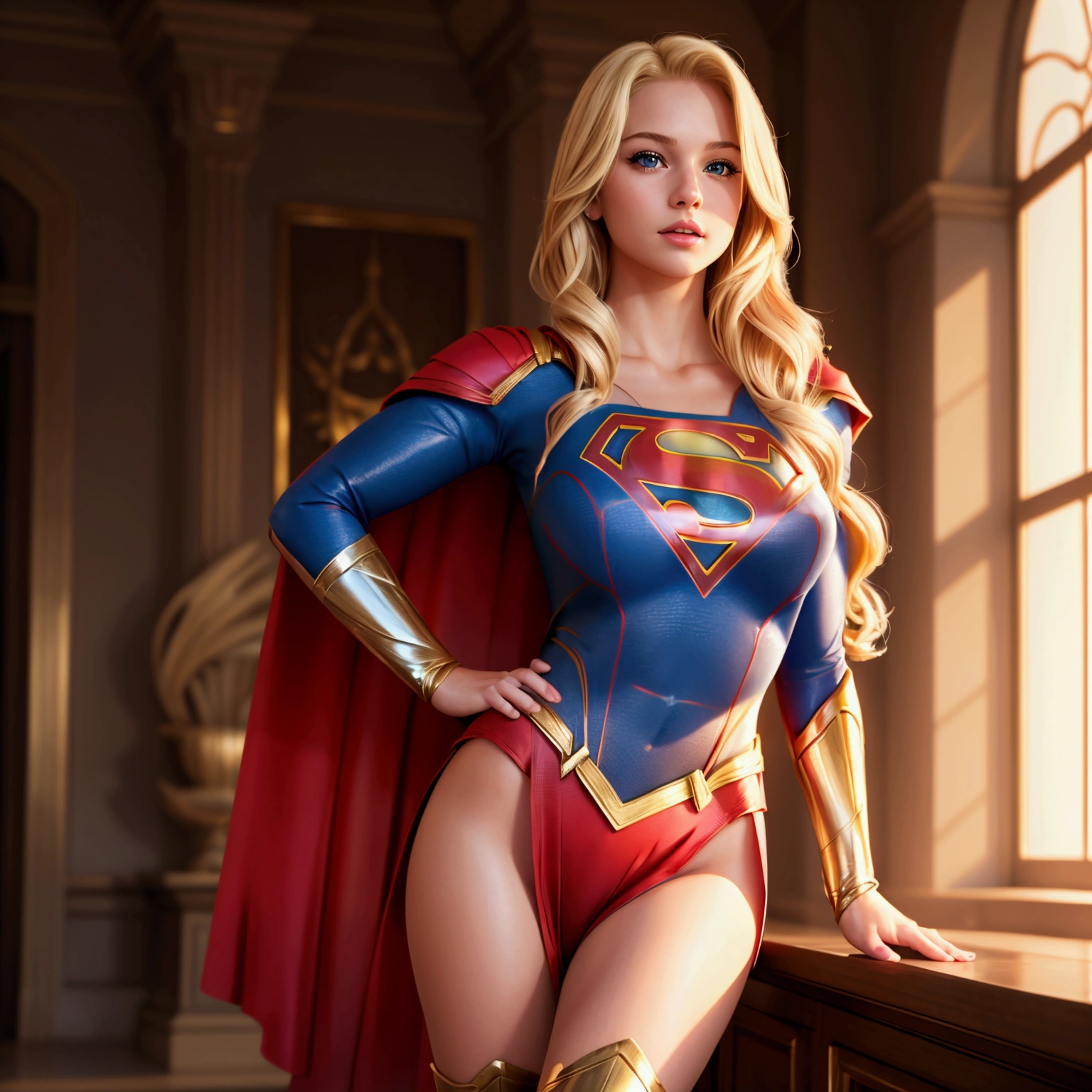 A high quality image of a realistic blonde woman in a supergirl see through leotard, perky breasts, majestic curves, full body booty portrait