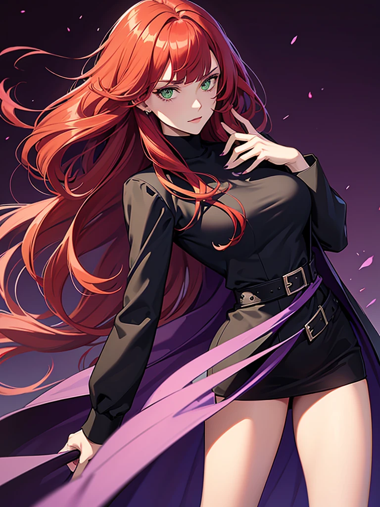 green eyes, red hair with long bangs, noble. sadistic women, wavy long hair. strong woman. purple outfit. she quiet. wear black jacket and dark purple t shirt. background in lab. she is mafia