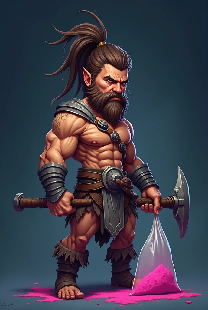 Create a cute but warlike barbarian with a dark blue background holding a ziploc bag with pink powder inside