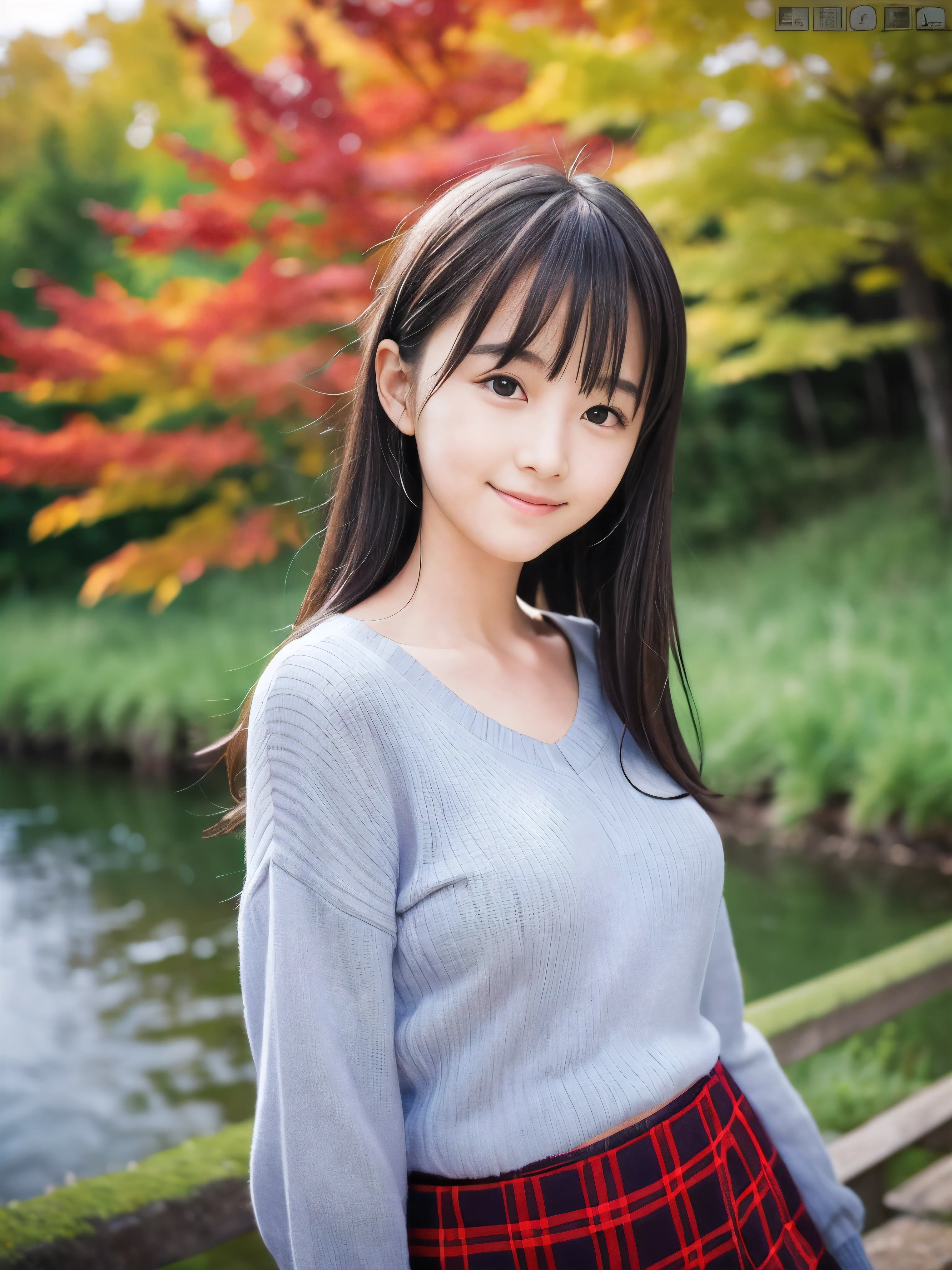 (Close up face shot of one slender small breasts half up brown long hair with bangs girl in a long sleeves shirt and sweater and skirt:1.5)、(One girl is looking back with sad smile on the dart road near the river and big waterfall in Japan:1.5)、(Beautiful autumn red leaves and mountain at sunset time:1.5)、(Natural light:1.5)、(8k ultra detailed master piece:1.5)、(perfect anatomy:1.5)、(Photorealistic stick:1.5)、(Raw photo:1.3)、(highest quality:1.5)、(High resolution:1.3)、(Delicate and beautiful perfect face:1.3)、(Delicate and beautiful eye air skin:1.3)、(Real Human Skin:1.3)、((thin legs))
