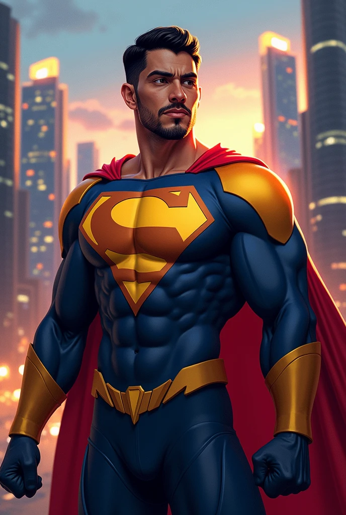 Create an image of Pablo Marçal dressed as a superhero. He is wearing a modern heroic costume, with a large 'M' symbol on his chest, representing strength and leadership. Pablo is wearing a stylized cap as part of his costume., and his expression is confident and determined, inspiring people to overcome challenges. The background could be a city at dusk, highlighting your positive impact as a leader.