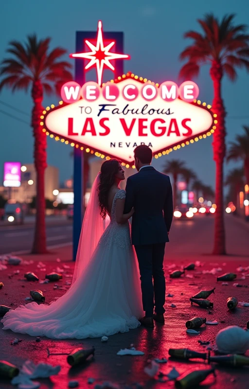 1. **Las Vegas as a background**: An image of the iconic sign "Welcome to Fabulous Las Vegas" or a stylized representation of the city with neon lights can set the scene.
Messy Wedding Elements**: Add details like a veil or tie thrown over, maybe fallen wedding rings or champagne bottles, to suggest improvisation and chaos.
You can show silhouettes or illustrations of the protagonists looking at each other with surprise and confusion., scruffy wedding dresses, implying that they were not planning to be together.
Consider using a vibrant palette with neon or pastel shades., Combining the romance and festive atmosphere of Las Vegas.