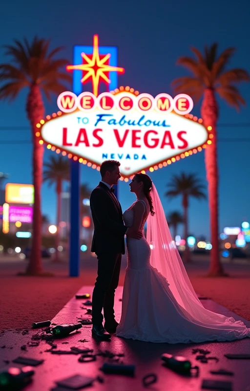 1. **Las Vegas as a background**: An image of the iconic sign "Welcome to Fabulous Las Vegas" or a stylized representation of the city with neon lights can set the scene.
Messy Wedding Elements**: Add details like a veil or tie thrown over, maybe fallen wedding rings or champagne bottles, to suggest improvisation and chaos.
You can show silhouettes or illustrations of the protagonists looking at each other with surprise and confusion., scruffy wedding dresses, implying that they were not planning to be together.
Consider using a vibrant palette with neon or pastel shades., Combining the romance and festive atmosphere of Las Vegas.