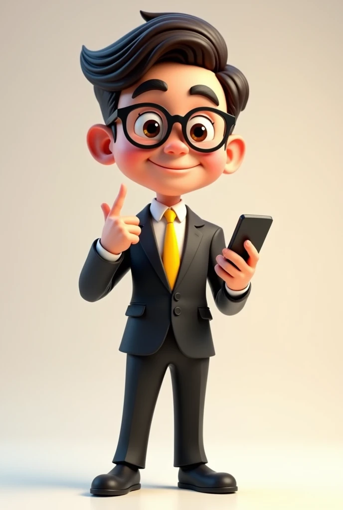 A full body 3D cartoon character. He has a friendly appearance, charismatic and is smiling. The character is a young man with fair skin, dark brown straight hair, bushy eyebrows, big brown eyes and wears glasses. His behavior is cheerful.

The character is dressed formally, wearing a black suit with a yellow tie.

With one hand she is holding a cell phone and with the other she is pointing at the cell phone. The background of the image is neutral, which further highlights the character.