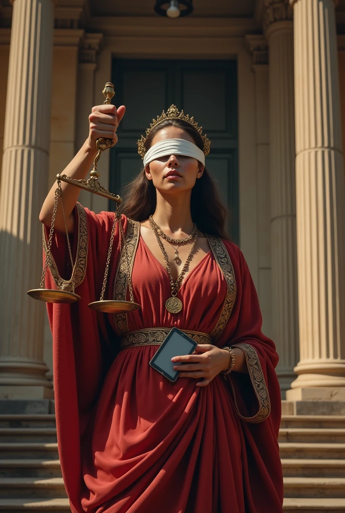 The Justices picture, judge holding scales, blindfolded, woman, powerful, powerful, intimidating, holding a cell phone, beautiful clothes, ancient, Greek-Roman era.