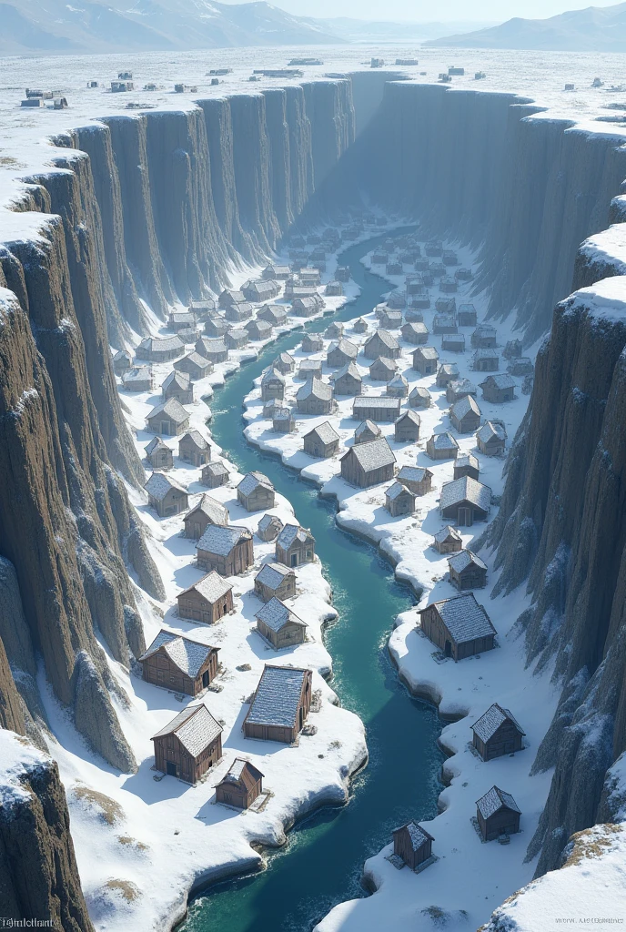 100 hudreds of houses and river in huge snowy hole