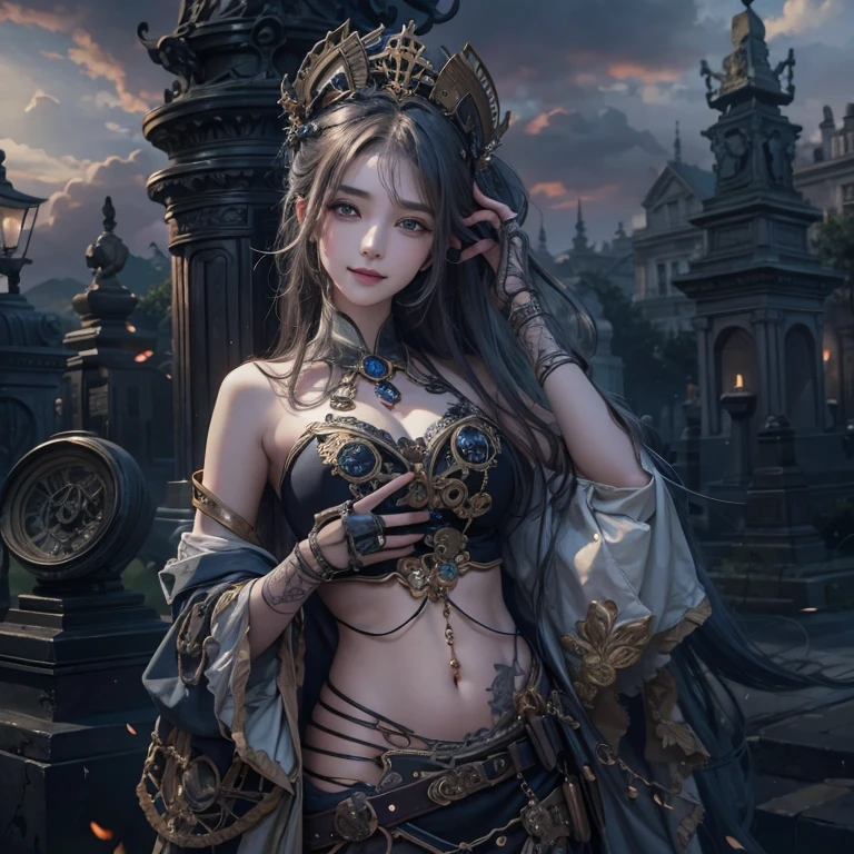 Standing in the grave、Hair Flow、 ((Highest quality、masterpiece、8k、Best image quality、Ultra-high resolution、Award-winning works)、(Accurate anatomy:1.1)、(Look at me and smile:1.1)、Shining fair skin with Ultra-high resolution、The most detailed face、Ultra-high resolution detailed face、Ultra-high resolutionの髪の毛、(Ultra-high resolution eye:1.1)、Beautiful face drawn in every detail、Steampunk costumes, Chest to chest, Strange atmosphere, Ghosts flow, Dark Light, At the cemetery, Heavy makeup