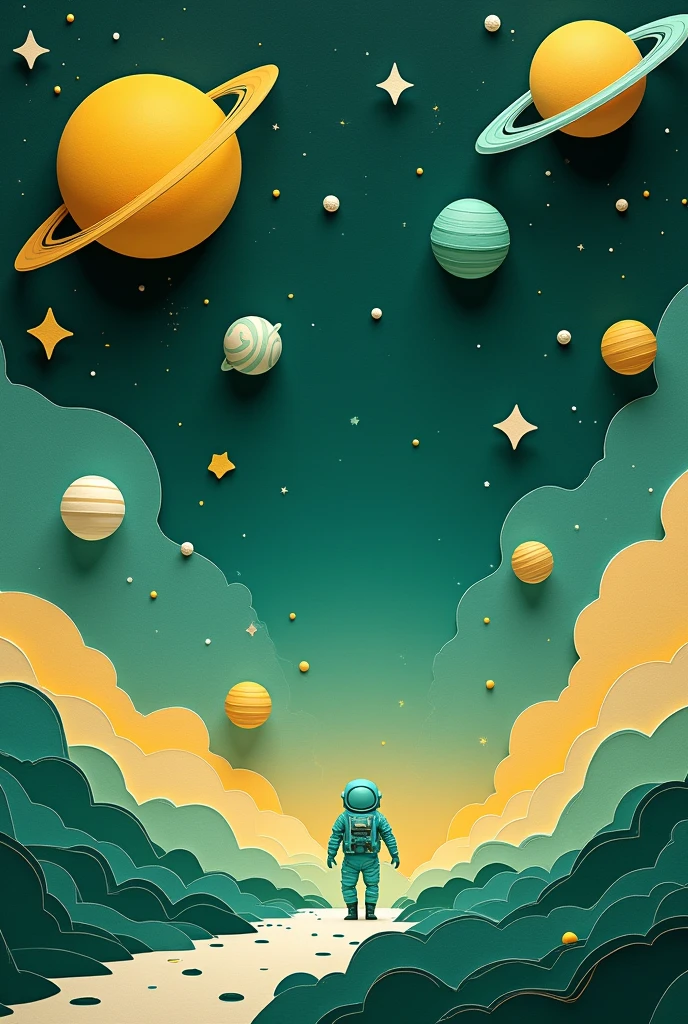 background: Use dark green as the main base color for the space sky, and add mint green details in the form of space fog or distant nebulae to create depth and complexity in the star and planet images.: ใช้กระดาษสีเหลืองอ่อนและสีขาวในการตัดเป็นรูปดวงดาวหรือดาวเคราะห์ที่โดดเด่น อาจเพิ่มวงแหวนรอบดาวเคราะห์บางดวงหรือเส้นทางการโคจรที่ตัดกับbackgroundสีเขียวเพื่อเพิ่มมิติให้กับงานองค์ประกอบเพิ่มเติม: Try adding a rocket or astronaut exploring the universe. Create them using mint green paper and other matching colors, and add small, detailed designs like shooting stars or comets to add interest.
