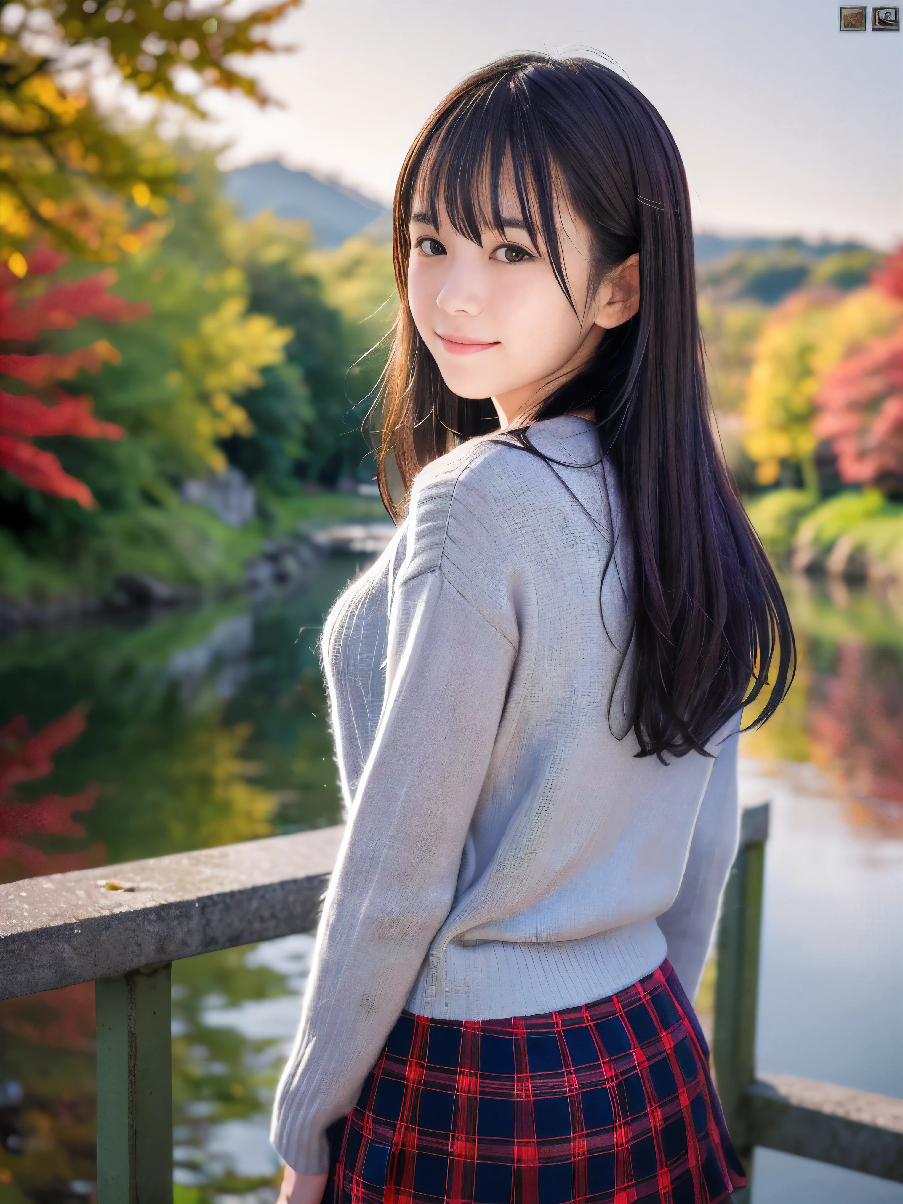 (Close up face shot of one slender small breasts half up brown long hair with bangs girl in a long sleeves shirt and sweater and skirt:1.5)、(One girl is looking back with sad smile on the dart road near the river and big waterfall in Japan:1.5)、(Beautiful autumn red leaves and mountain at sunset time:1.5)、(Natural light:1.5)、(8k ultra detailed master piece:1.5)、(perfect anatomy:1.5)、(Photorealistic stick:1.5)、(Raw photo:1.3)、(highest quality:1.5)、(High resolution:1.3)、(Delicate and beautiful perfect face:1.3)、(Delicate and beautiful eye air skin:1.3)、(Real Human Skin:1.3)、((thin legs))