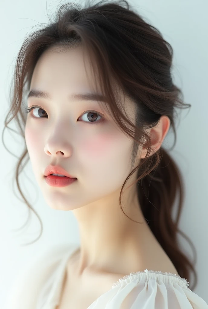 Highest quality, Realistic, 8k, High resolution, Full Color, 1 girl, woman, 20 years old woman, (Mouth closed:1.73), On a snow-white background,White skin,translucent, Displaying the viewer:1.8, (One eye is looking at the viewer:1.55), (Medium Hair, Brown Hair, Parted hair:1.45),