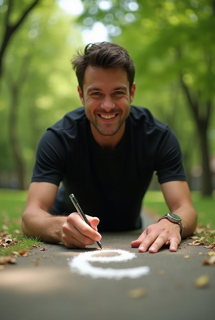 A famous youtuber mr beast wearing black shirt smiling and writing E alphabet in ground in a park
