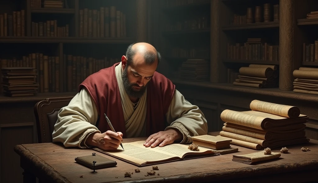 Papias of Hierapolis writing his account of Judas' death, surrounded by ancient scrolls and manuscripts --ar 16:9"
