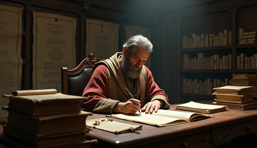Papias of Hierapolis writing his account of Judas' death, surrounded by ancient scrolls and manuscripts --ar 16:9"