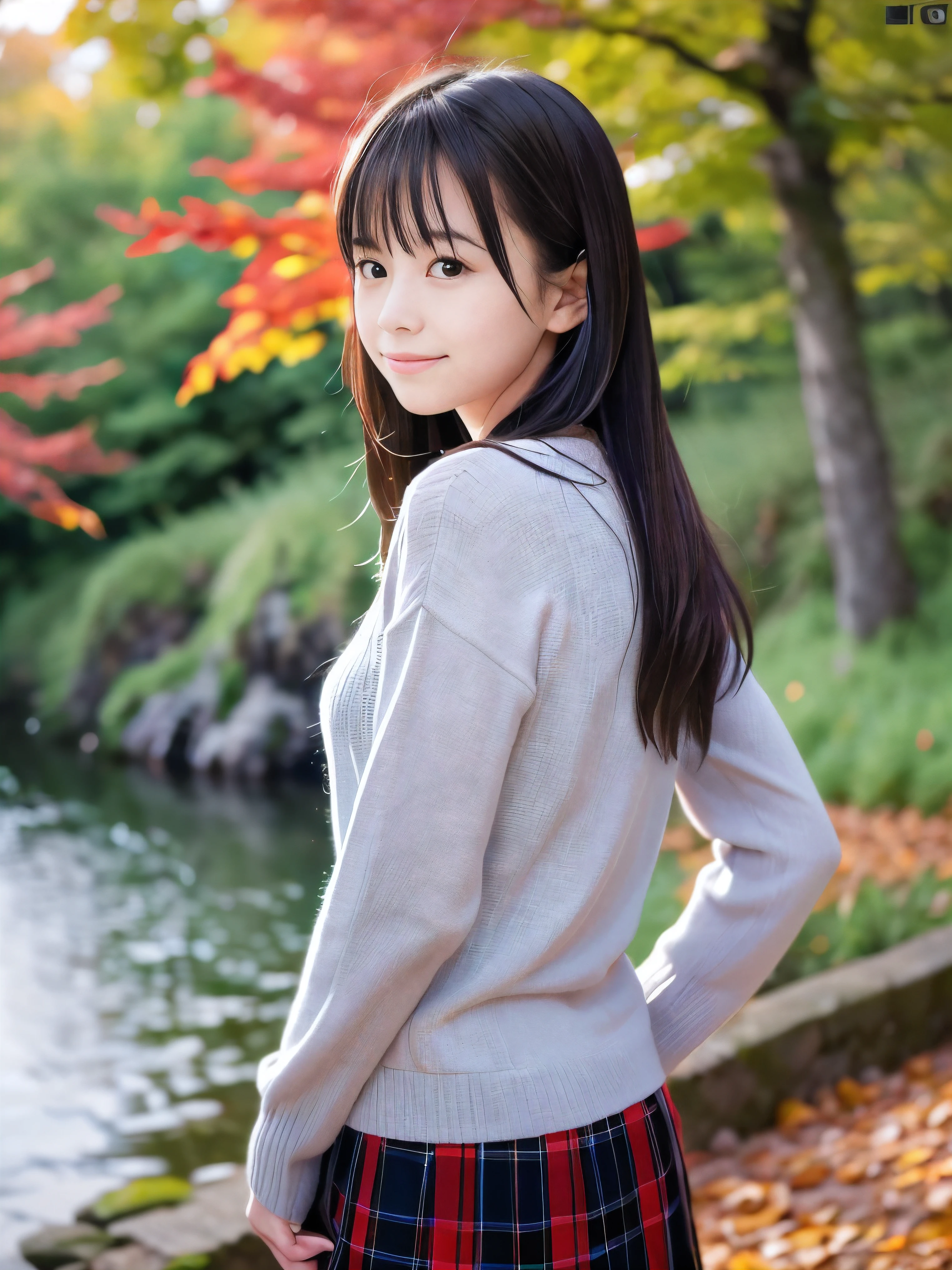 (Close up face shot of one slender small breasts half up brown long hair with bangs girl in a long sleeves shirt and sweater and skirt:1.5)、(One girl is looking back with sad smile on the dart road near the river and big waterfall in Japan:1.5)、(Beautiful autumn red leaves and mountain at sunset time:1.5)、(Natural light:1.5)、(8k ultra detailed master piece:1.5)、(perfect anatomy:1.5)、(Photorealistic stick:1.5)、(Raw photo:1.3)、(highest quality:1.5)、(High resolution:1.3)、(Delicate and beautiful perfect face:1.3)、(Delicate and beautiful eye air skin:1.3)、(Real Human Skin:1.3)、((thin legs))