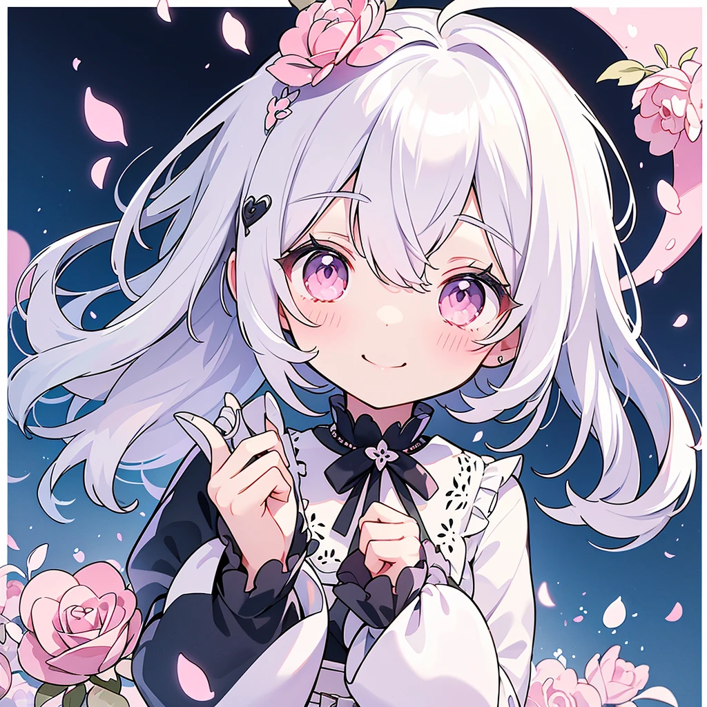 Transparent watercolor、、Beautiful layout and motif、Depth of written border、smile、1 person、Silver Hair((Medium Hair、Straight Hair))、White bristles、Fashionable design clothes、Background white、Rose petals、cute、black and pink goth、