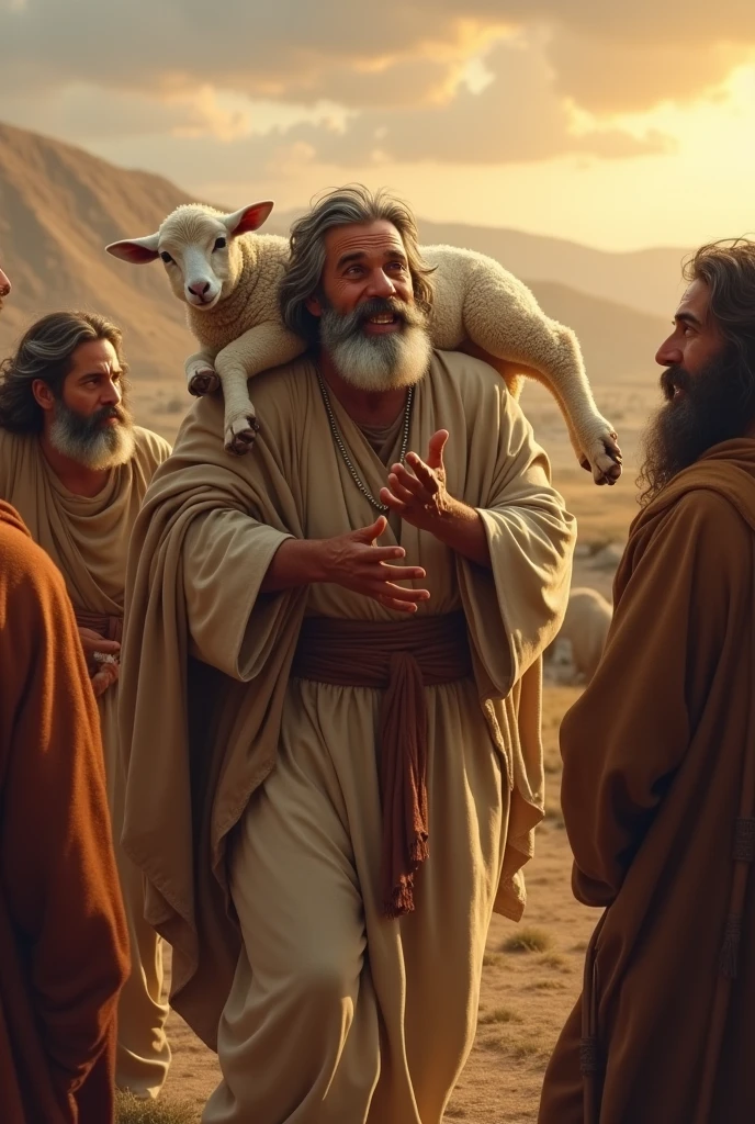 biblical history,
man with sheep on his shoulders calling his friends Rejoice with me, for I have found my lost sheep!'