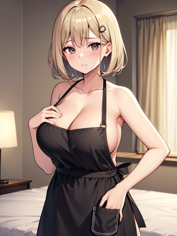 Shot in the bedroom,Show the whole body,Highest quality, Very detailed,,One person, alone ,Beige hair color,short_hair,Perm Hair Style, hair_ornament,Big Breasts,Cleavage,White naked apron