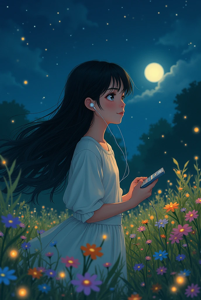 Girl with black hair on a meadow with flowers and fireflies.it's night.There are stars.his hair blows in the wind. He cries but smiles. He listens to music.gibili style