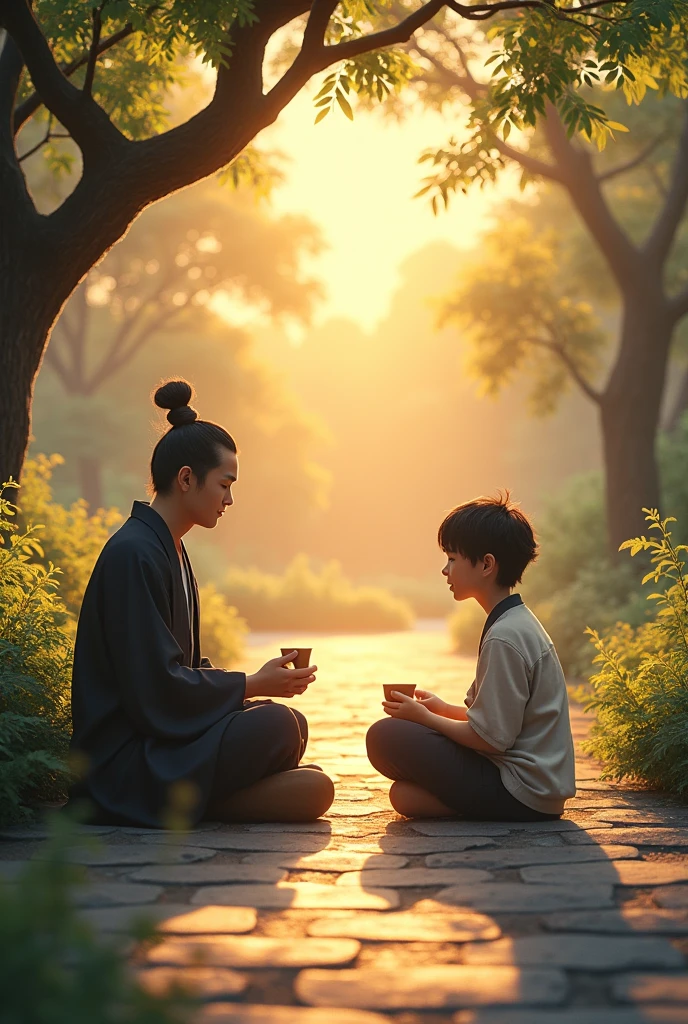As Hiro and Master Koji sat together in the garden, the world seemed to slow down. The sun was beginning to set, casting a golden glow over the temple grounds. The light filtered through the leaves, creating patterns on the ground that danced with the breeze. Hiro could feel the tension in his body start to ease as he observed the serene surroundings, but the questions in his heart remained. He looked at Master Koji, who was quietly sipping tea, his eyes closed as if savoring the moment.