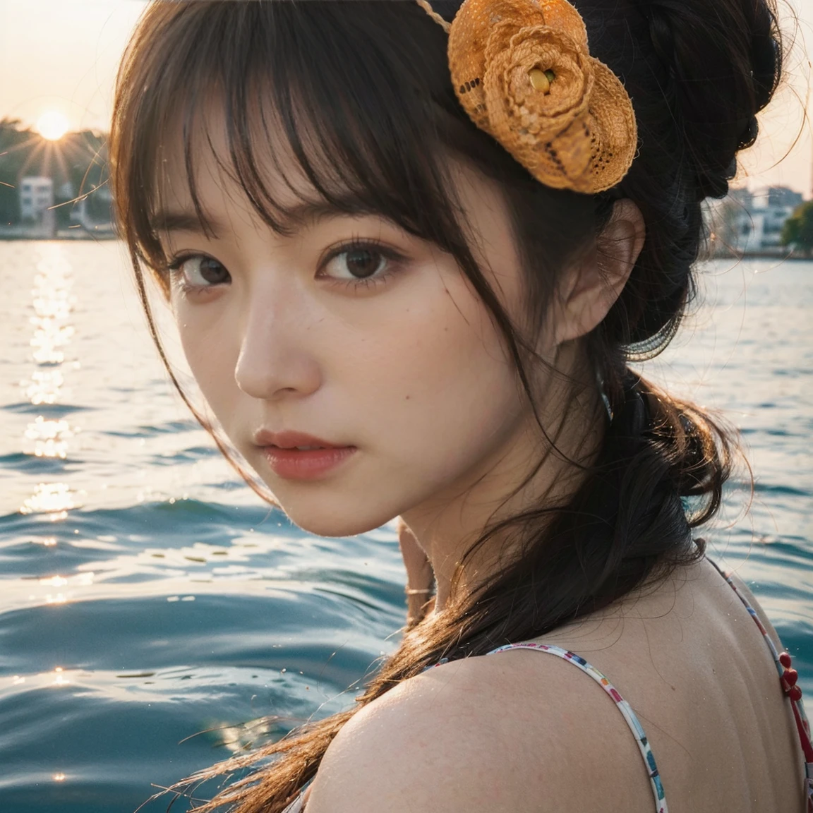 ((Top Quality)), ((Masterpiece)), ((Details)), upper body, ((close-up: 1.3)), More Saturation, strong reflections, bright shade, Place the girl in the foreground at large, "Echoes of the Floating Sunset"
A young girl sits on a floating ring in the middle of a lake, gazing at the calm water illuminated by the setting sun. Behind her, the sky is painted red, and the sunset’s glow reflects off the lake's surface, turning it a warm orange.