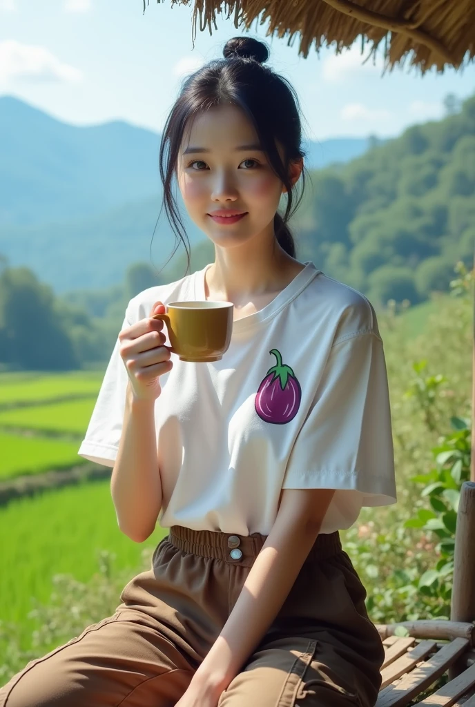 Beautiful Korean Girl, smooth clean white skin, well-groomed face,black hair tied up,white short shirt with eggplant motif .brown knee length cargo pants, .White shirt,pose looking at the camera, sitting on the terrace of the rice field hut, holding hot coffee,with a view of fertile rice fields, there is a buffalo, chicken duck, on the rice field embankment, very beautiful exotic countryside ,clear blue sky, fertile rice fields,Background, the mountains