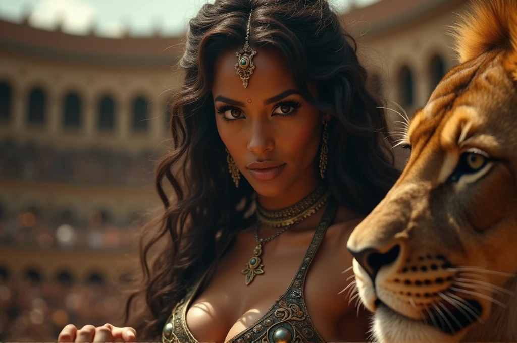 (RAW photo), (Realistic,24k), (photo-realistic), ultra high resolution, masterpiece, highest quality, portrait, facial portrait, perfect lighting, detailed lighting, dramatic shadow, ray tracing, 1 beautiful slave girl, , ((Idol face)), perfect anatomy, dark skin, Voluptuous, cleavage, symmetrical eyes, beautiful detailed brown eyes, chubby lips, big thick thighs, abs, muscle, shortcut hair, black hair, half open mouth, ((wearing a erotic Gladiator costume)), ((in Rome Arena)), (((fight with Lion))),
