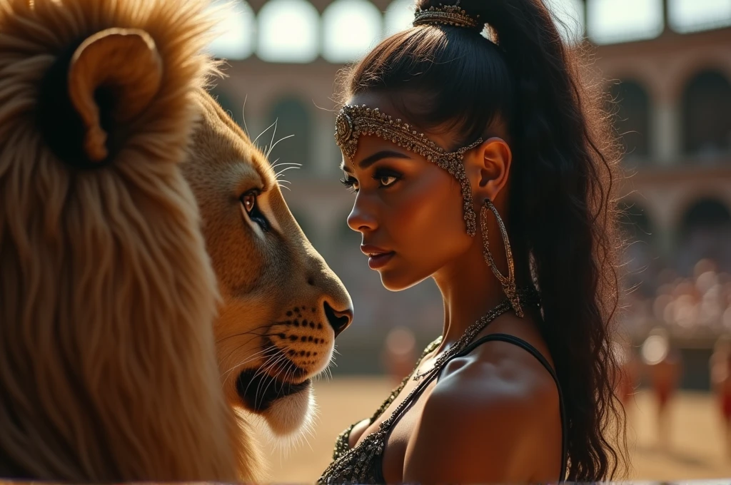 (RAW photo), (Realistic,24k), (photo-realistic), ultra high resolution, masterpiece, highest quality, portrait, facial portrait, perfect lighting, detailed lighting, dramatic shadow, ray tracing, 1 beautiful slave girl, , ((Idol face)), perfect anatomy, dark skin, Voluptuous, cleavage, symmetrical eyes, beautiful detailed brown eyes, chubby lips, big thick thighs, abs, muscle, shortcut hair, black hair, half open mouth, ((wearing a erotic Gladiator costume)), ((in Rome Arena)), (((fight with Lion))),