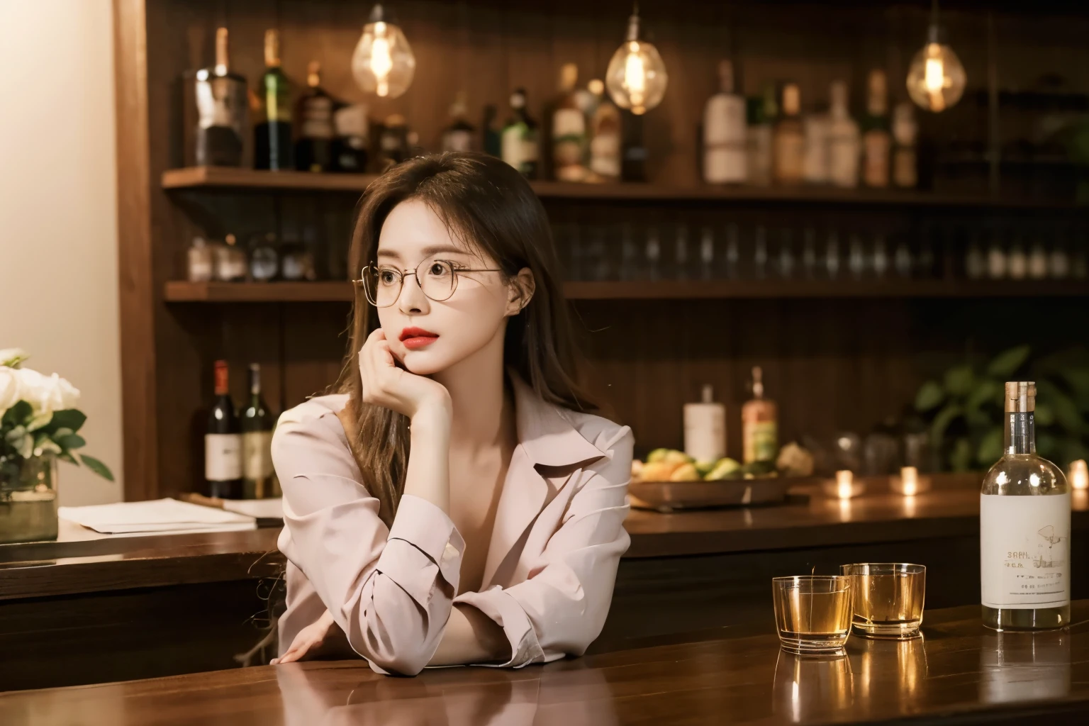 "A 2 woman is seated at the dimly lit counter of a moody, sophisticated cocktail bar, her posture relaxed as she sips a martini from a delicate glass. She has a melancholic expression on her face, framed by frameless glasses and highlighted by the rose-pink lipstick on her lips. Her outfit consists of a striped blouse underneath a gray business suit, adding a touch of formality to her appearance. The bar’s lighting is generally dark, but a soft, warm light illuminates the area around her, creating a gentle spotlight effect. The setting features vintage decor, with dark wooden panels and neatly arranged bottles behind the counter. The intimate atmosphere is further enhanced by the flickering light of a nearby candle and the soft jazz playing in the background, casting subtle shadows across her face."