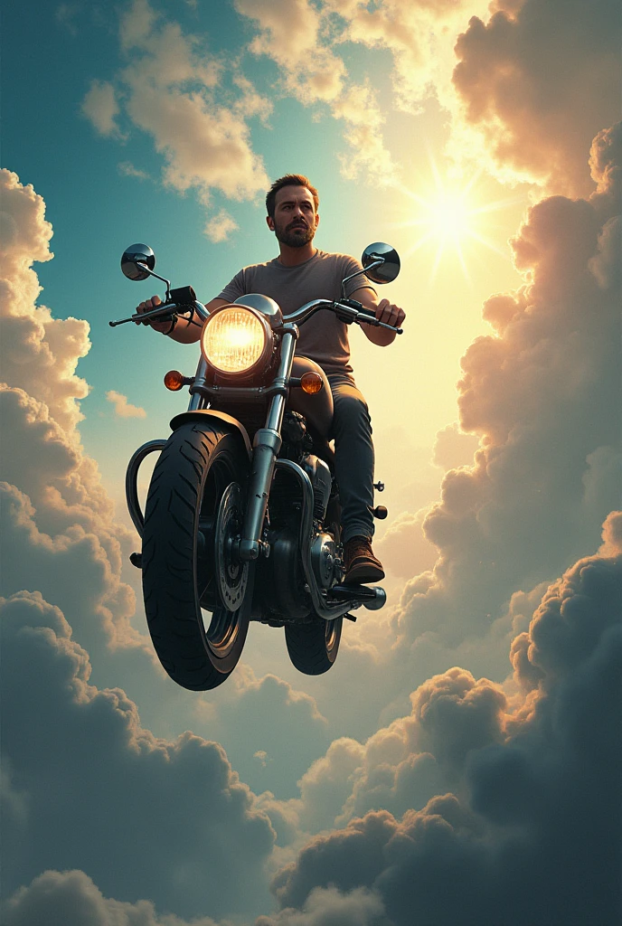 Man on a Honda Bros motorcycle climbing to heaven to meet God
