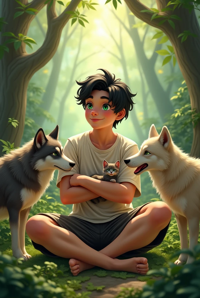 with short black wavy hair, green eyes, chubby, looks like he's , wearing a t-shirt and shorts in a beautiful forest with wolves around him and holding a kitten, realistic full 8k