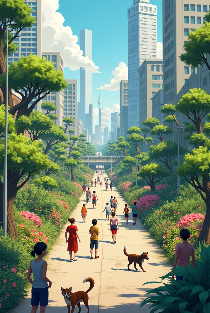 Simple drawing  of the concept of the environment with people, animals, plants, vehicles, and architectures in present times
