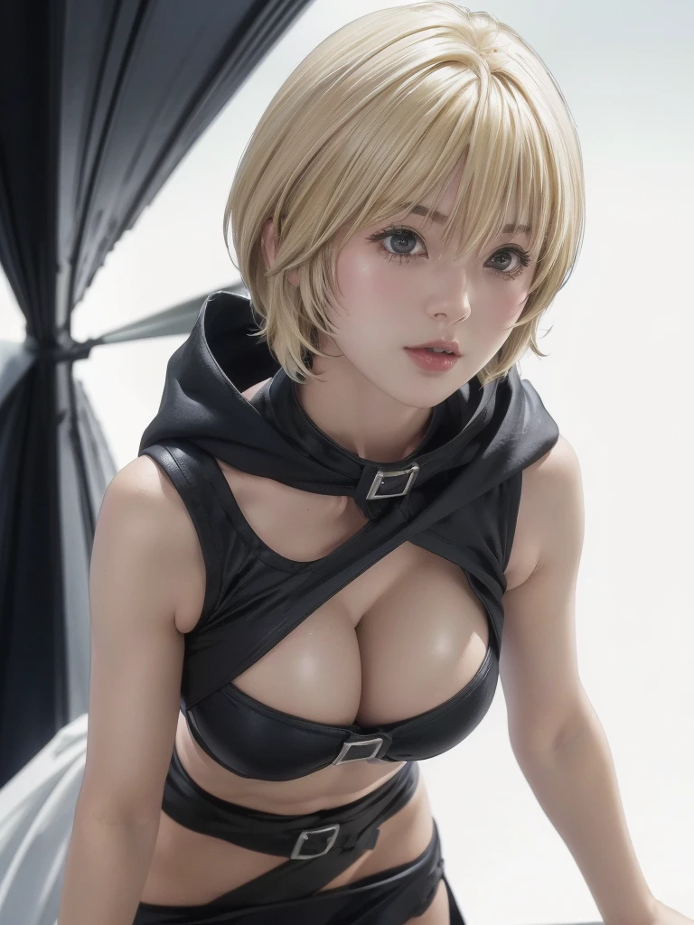 kurosaki mea、最high quality、high quality,, ((Masseter muscle area)), ((High resolution)), ((最high quality)), detailed, ((Glowing Skin)), ((huge 、Blonde、Short Bob))、(Black Bondage, Waist Cloak, Black shorts), Voluptuous bust, exposed navel, Bowl-shaped big breasts, (View from the front、Looking at the audience:1.5)、((background:White Room:1.4))