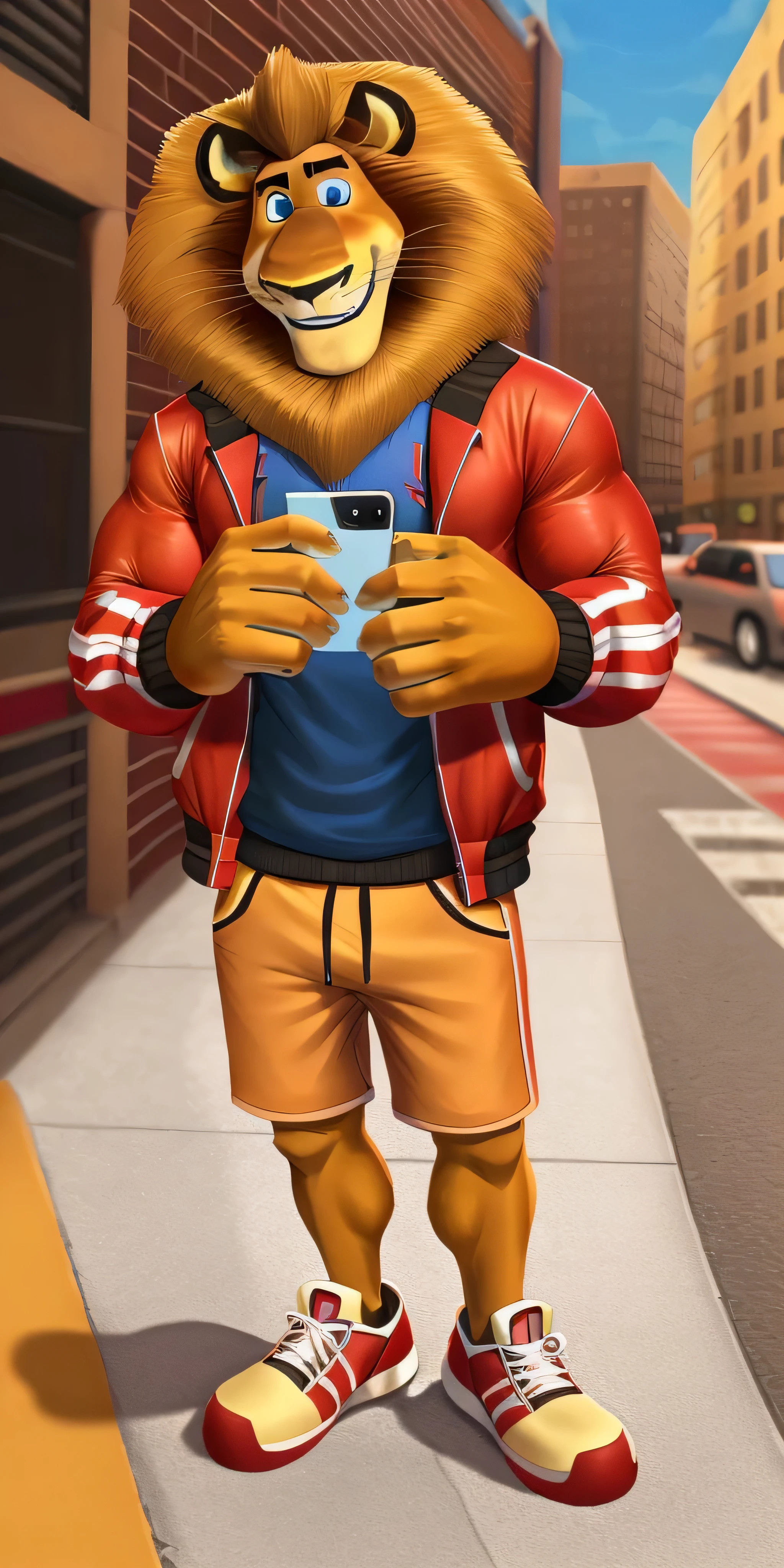 Alex the Lion, muscular body, big biceps, extremely beautiful and cute face, perfectly detailed blue eyes with perfectly detailed pupils, wears red sports jacket, shorts, sneakers, streets background, selfie, gentle look, cute smile