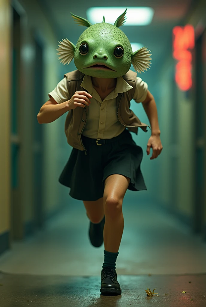 ((Highest quality)), ((photorealistic, hyperrealistic photo, portrait)), (front), (smile:1.6), (The upper half of the pufferfish is green.), (Short sleeves), ((No hair)), (The Kusafugu has 20% of the facial features of a human female.), (horror movie posters:1.5), ((Jason)), (クサフグ対Jason), A pufferfish with a very realistic head, A woman with a human body, オフホワイトで襟付きのShort sleevesシャツに薄茶色のベストを着てひざ丈の黒いスカートに濃い緑色の短い靴下と黒の靴を履いてる, Jasonに追われて全力で走っている, Photorealistic images,