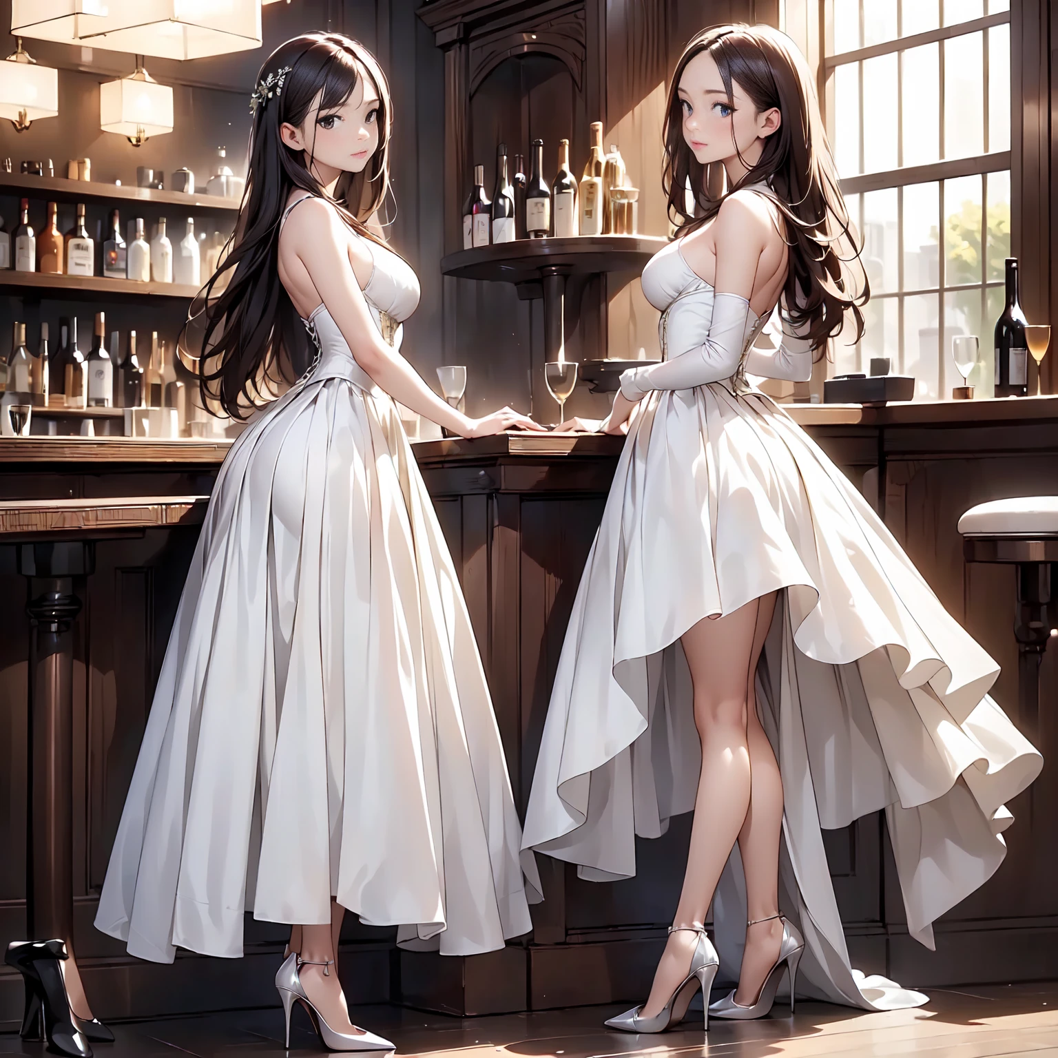 (masterpiece:1.3),(best quality, highest quality),((Full Body Shot,Including face)),1girl,Standing position,4K,masterpiece,((Focus on the face)),((Symmetrical facial features)),Beautiful woman,slender,Beautiful feet,((High heels)),Detailed depiction of the face,bar counter,uniform,Realistic,profile,Corset standing diagonally,Long skirt,White Wedding Dresses