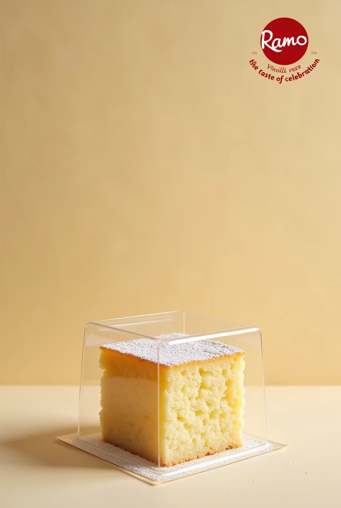 Make me a product which is a small square vanilla cake that on its plastic packaging has the Ramo brand in the small upper right corner and the slogan says " the taste of celebration" 