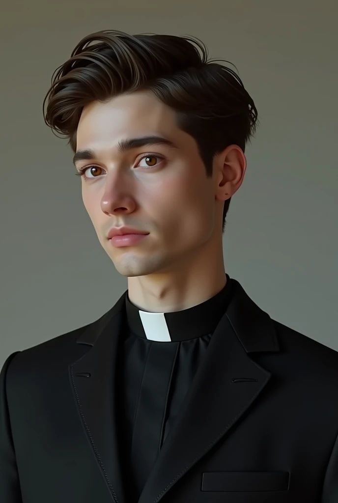 A young man (about twenty-four years old) hairless, White skin, Brown eyes and brown hair dressed in a black suit with a realistic priest collar