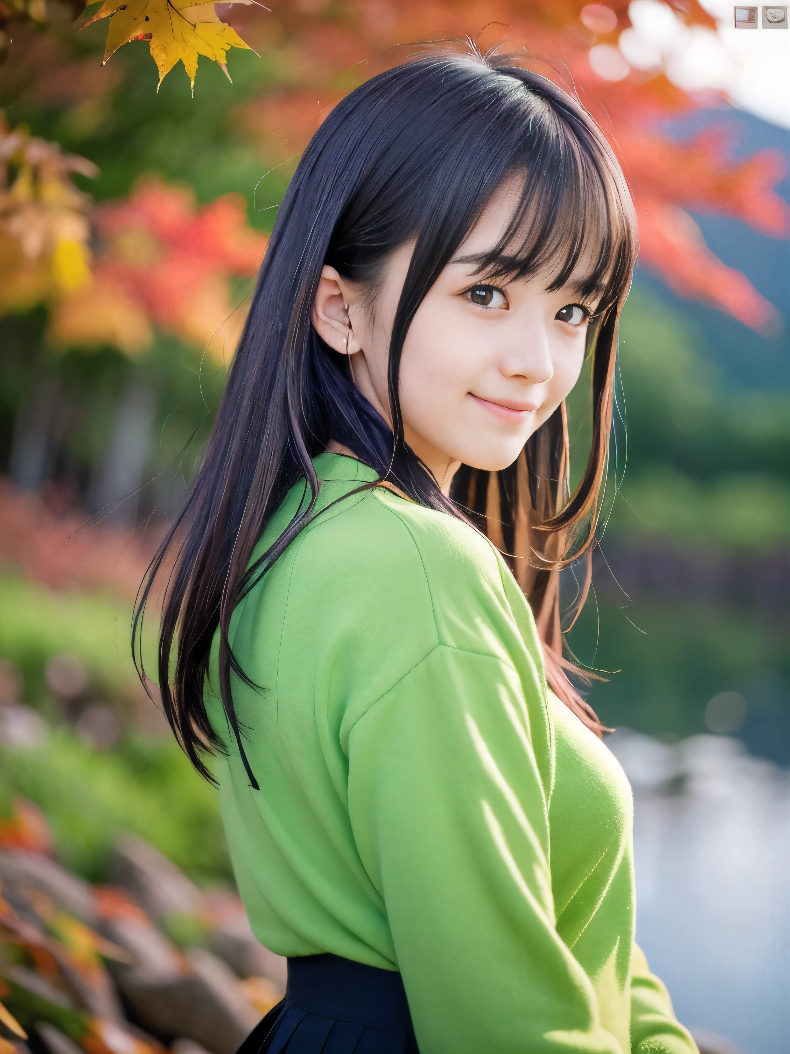 (Close up face shot of one slender small breasts dark silver long hair with swept bangs girl in a long sleeves shirt and sweater and skirt:1.5)、(One girl is looking back with sad smile on the dart road near the lake and big waterfall in Japan:1.5)、(Beautiful autumn red leaves and mountain at sunset time:1.5)、(Natural light:1.5)、(8k ultra detailed master piece:1.5)、(perfect ???????:1.5)、(Photorealistic stick:1.5)、(Raw photo:1.3)、(highest quality:1.5)、(High resolution:1.3)、(Delicate and beautiful perfect face:1.3)、(Delicate and beautiful eye air skin:1.3)、(Real Human Skin:1.3)、((thin legs))