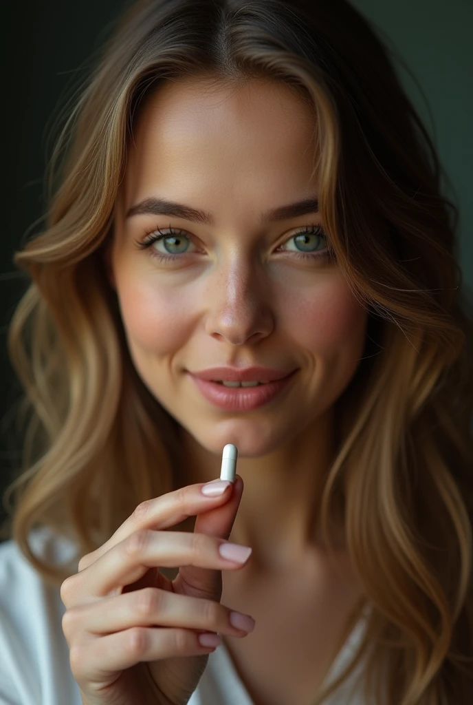 a beautiful brunette woman, holding a medicine capsule with his fingers, detailed face, long blond hair, smiling, cinematographic lighting, ultra detailed, high quality, masterpiece,