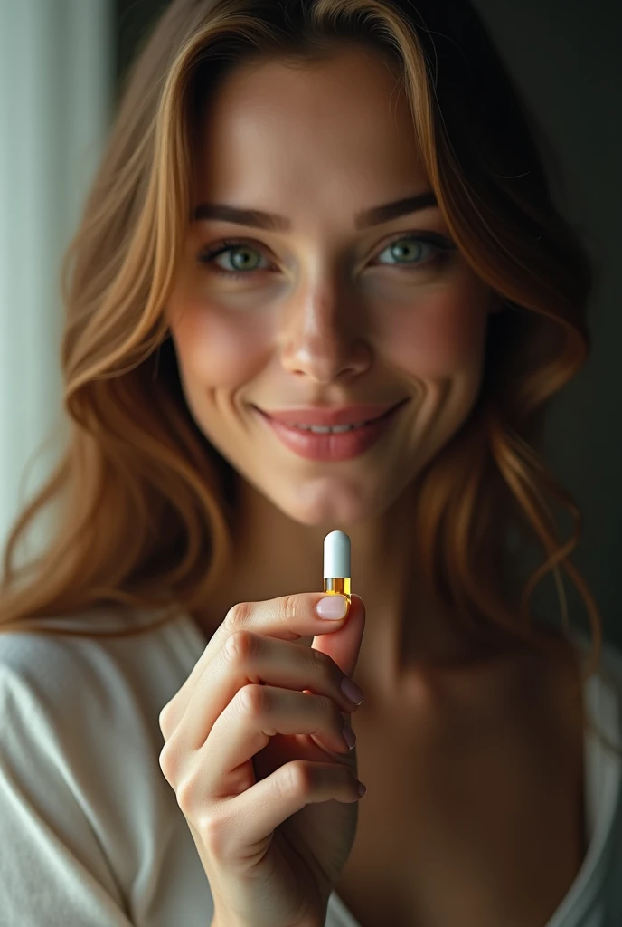 a beautiful brunette woman, holding a medicine capsule with his fingers, detailed face, long blond hair, smiling, cinematographic lighting, ultra detailed, high quality, masterpiece,