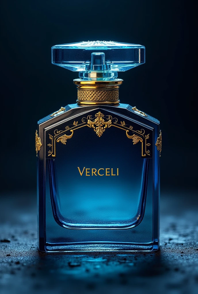 Perfume with the name Vercceli with the different blue and gold and black bottle