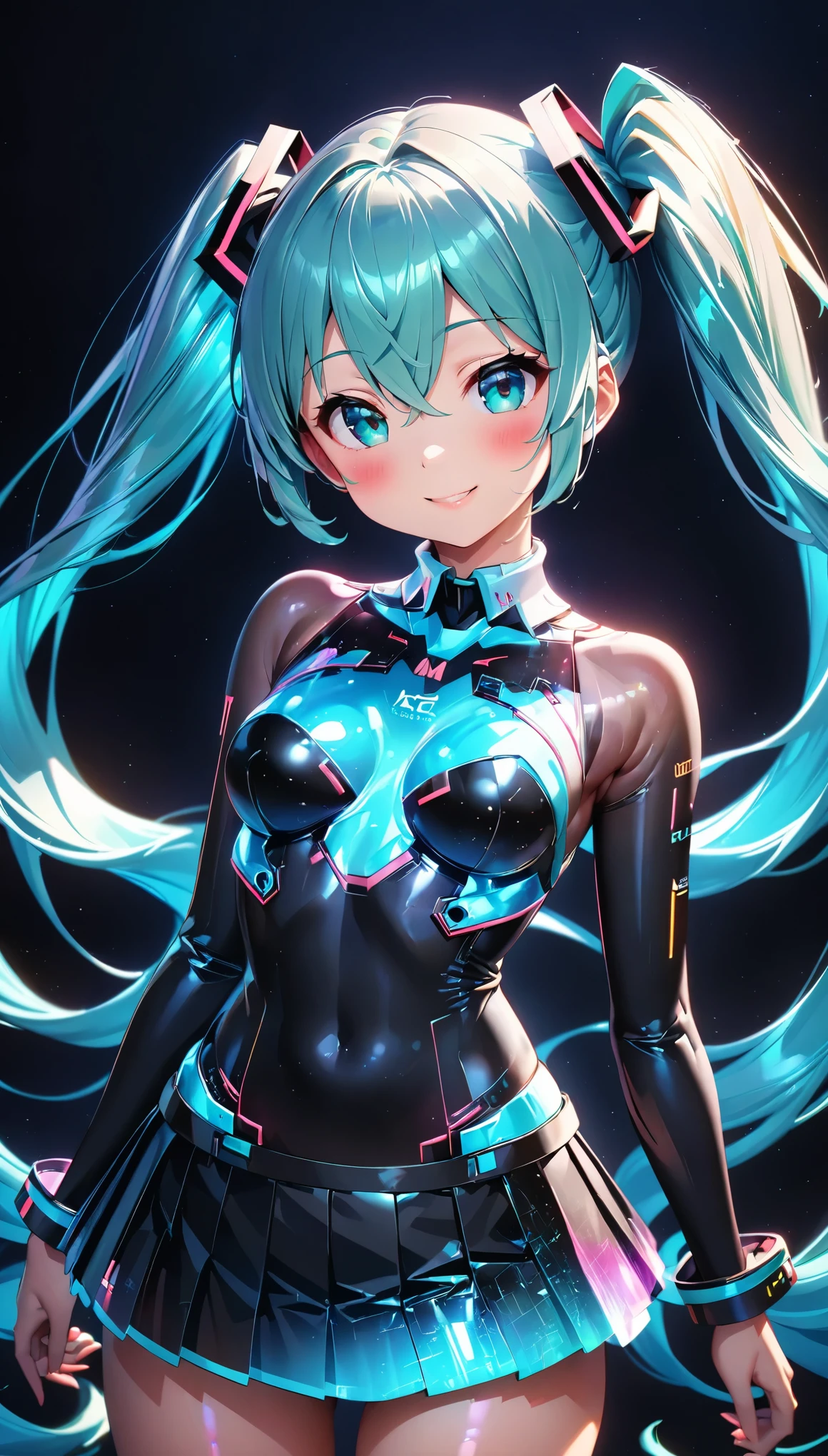 holography, Draw in neon colors, Beautiful holographic_Cyber Girl, Neon Hologram Suit, Shiny cyberpunk futuristic outfit, Pleated skirt, ((hatsune miku, Aqua Eye, Aqua Hair, bangs, whole body, Hair between the eyes, Long Hair, Twin tails, very Long Hair)), Slim figure:1.4, Beautiful Eyes, Glossy Lips, Glowing Skin, Detailed skin texture, ((smile, blush, Bust Shot:1.4)), Multi-colored holographic pattern, Dynamic pose, Dramatic lighting, Cinematic composition, Intricate details, (Highest quality:1.2, Very detailed, anime, Attention to detail, Ultra-high resolution, High Contrast, masterpiece:1.2, Highest quality, Best aesthetics),