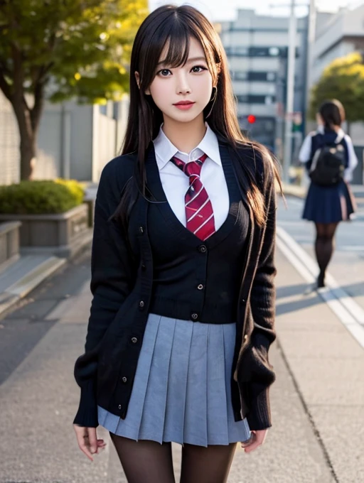 Big Breasts、Japanese high school girls、((High school uniform))、Black fluttery miniskirt、cardigan、((pantyhose))、whole body、、Facial features of Japan people、Long tie、Long Black Hair、Soft boobs