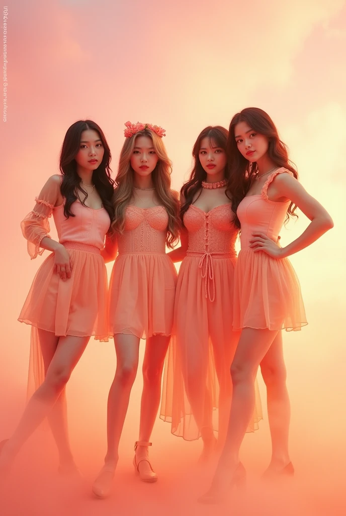 I'm taking photos for a new concept album. Create a girl group concept photo in the style of "Peach Soda"