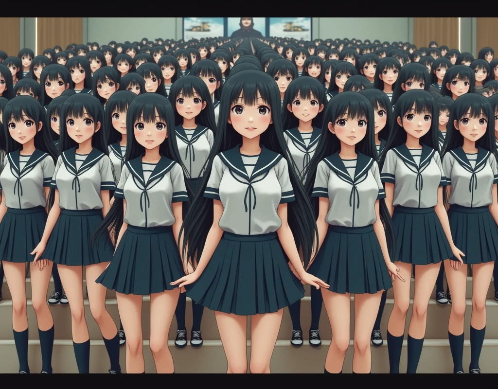 (Japanese Clone-girls=Myself), (Super Best masterpiece Clone-girls Raw Photography Art), (16K, Highest quality, Ultra-high resolution, RAW Photos), (It's so unrealistic., With unparalleled depiction, With an unfathomable sight, An unprecedented and shocking worldview, Clone-girls: In a world of mass reproduction, Ultra-realistic), (Japanese Girls, , Small face, Thick black hair, long hair, Dark Eyes, Mature face, Cute Smile, Smiling face, A gentle gaze, Very pleasant look), (Very beautiful detailed girls, Accurate body structure, Accurate body movements, Very detailed body, (Super big breasts, Large bulge of ample breasts)), ((Schoolgirl uniform, Short sleeve, mini skirt, Emphasise the fullness of your breasts)), (Very detailed, Myself cloning, Depiction of splitting oneself, 1Myself girl→1,000,000,000,000,000,000,000,000,000,000Myself cloning girls), (Myself's clone girls, With the same perfect appearance without any difference, to multiply in large numbers), (Very detailed depiction, Myself's multiplying female body, In the same female body,With the same face, With the same hairstyle, In the same clothes, At the same height, 同じSuper big breastsで, The same female body that is completely indistinguishable, 1,000,000,000,000,000,000,000,000,000,000 people), (Myself girls only), (Academy, academic level, Commemorative photo depiction, Tiered stage photography, Happy smile, Front view)