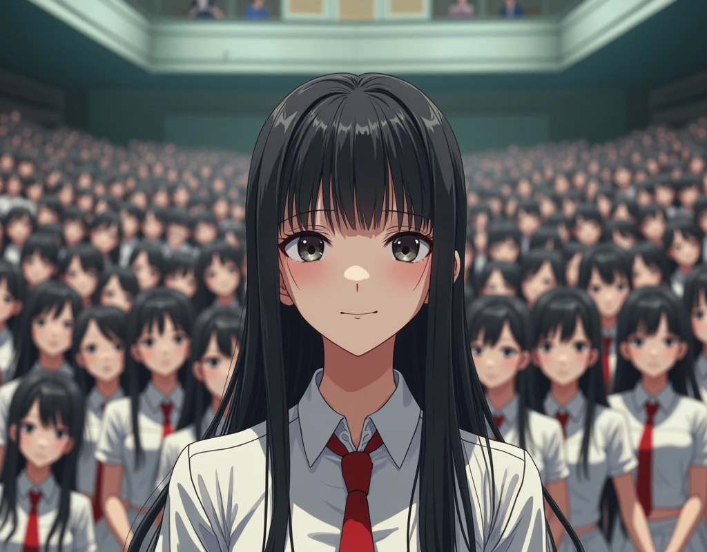 (Japanese Clone-girls=Myself), (Super Best masterpiece Clone-girls Raw Photography Art), (16K, Highest quality, Ultra-high resolution, RAW Photos), (It's so unrealistic., With unparalleled depiction, With an unfathomable sight, An unprecedented and shocking worldview, Clone-girls: In a world of mass reproduction, Ultra-realistic), (Japanese Girls, 16yo, Small face, Thick black hair, long hair, Dark Eyes, Mature face, Cute Smile, Smiling face, A gentle gaze, Very pleasant look), (Very beautiful detailed girls, Accurate body structure, Accurate body movements, Very detailed body, (Super big breasts, Large bulge of ample breasts)), ((Schoolgirl uniform, Short sleeve, mini skirt, Emphasise the fullness of your breasts)), (Very detailed, Myself cloning, Depiction of splitting oneself, 1Myself girl→1,000,000,000,000,000,000,000,000,000,000Myself cloning girls), (Myself's clone girls, With the same perfect appearance without any difference, to multiply in large numbers), (Very detailed depiction, Myself's multiplying female body, In the same female body,With the same face, With the same hairstyle, In the same clothes, At the same height, 同じSuper big breastsで, The same female body that is completely indistinguishable, 1,000,000,000,000,000,000,000,000,000,000 people), (Myself girls only), (Academy, academic level, Commemorative photo depiction, Tiered stage photography, Happy smile, Front view)